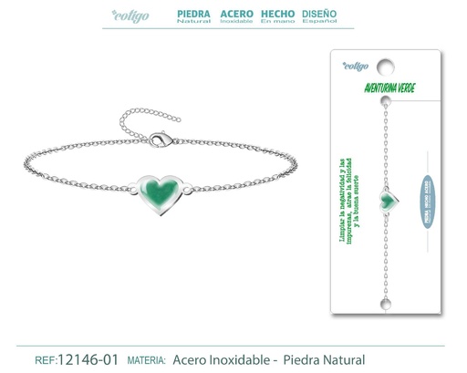 [12146-01] Pulsera corazón con Aventurina verde - Plateada - Joyería de minerales y accesorios