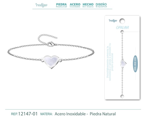 [12147-01] Pulsera corazón con Opalina - Plateada - Joyería de minerales y accesorios