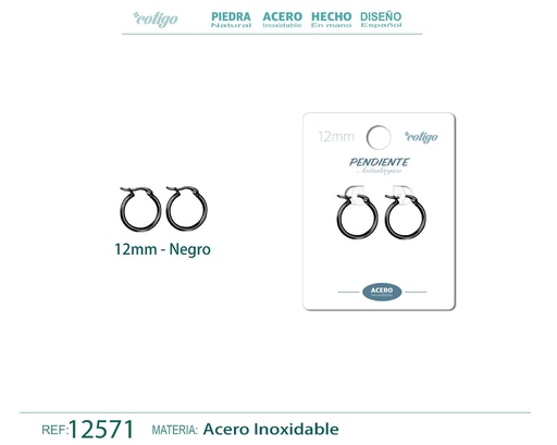 [12571] Pendiente aro de acero - 12mm color negro - Joyería de acero inoxidable