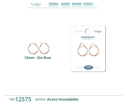 [12575] Pendiente aro de acero - 14mm color rosa - Joyería de acero inoxidable