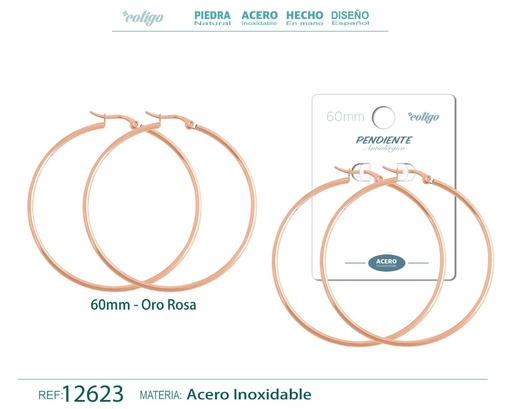 [12623] Pendiente aro de acero - 60mm color rosa - Joyería de acero inoxidable