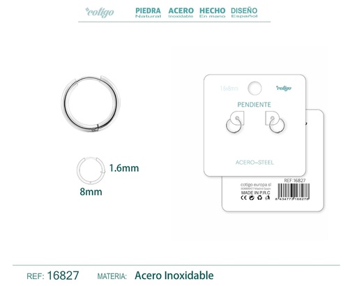 [16827] Pendiente aro de acero 1.6x8 mm plateado - Accesorios de moda