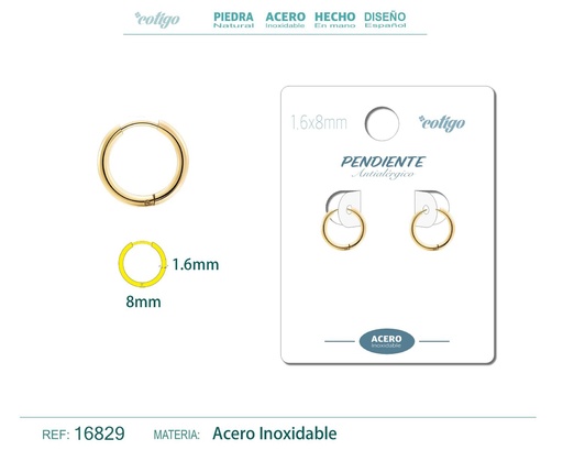 [16829] Pendiente aro de acero 1.6x8 mm dorado - Joyería de acero inoxidable