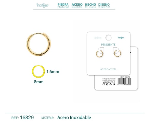 [16829] Pendiente aro de acero 1.6x8 mm dorado - Joyería de acero