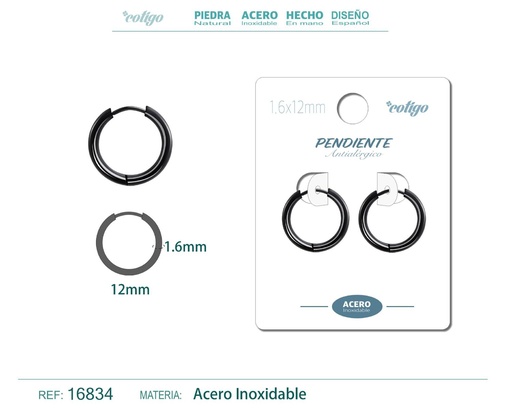 [16834] Pendiente aro de acero 1.6x12 mm negro - Joyería de acero inoxidable