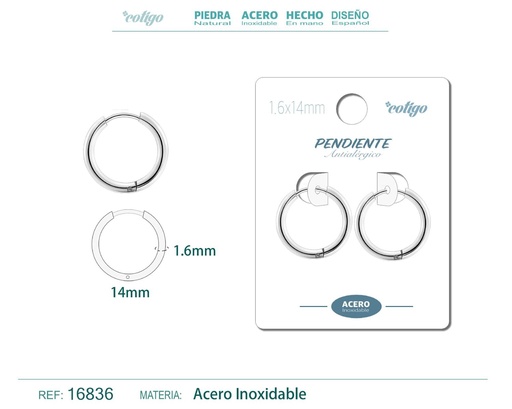 [16836] Pendiente aro de acero 1.6x14 mm plateado - Joyería de acero inoxidable