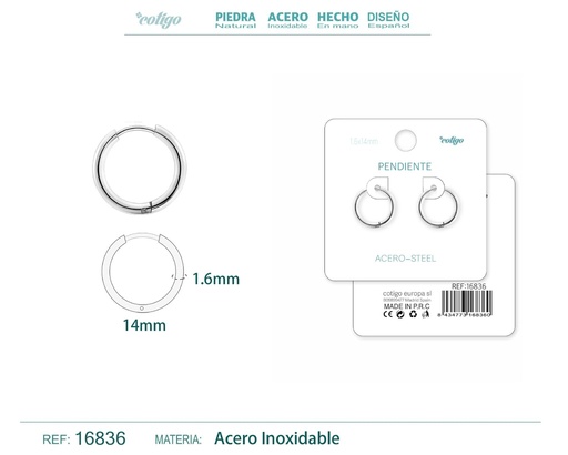 [16836] Pendiente aro de acero 1.6x14 mm plateado - Joyería de acero