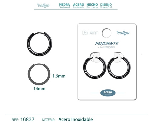 [16837] Pendiente aro de acero 1.6x14 mm negro - Joyería de acero inoxidable