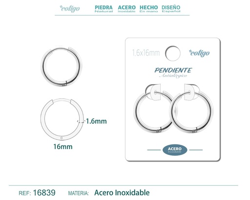 [16839] Pendiente aro de acero 1.6x16 mm plateado - Joyería de acero inoxidable