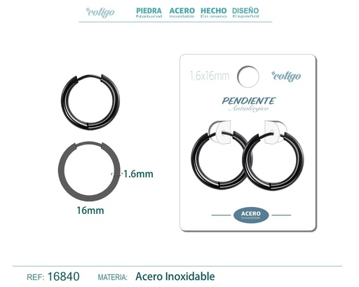 [16840] Pendiente aro de acero 1.6x16 mm negro - Joyería de acero inoxidable