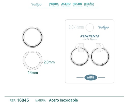 [16845] Pendiente aro de acero 2.0x14 mm plateado - Joyería de acero inoxidable