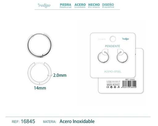 [16845] Pendiente aro de acero 2.0x14 mm plateado - Joyería de acero