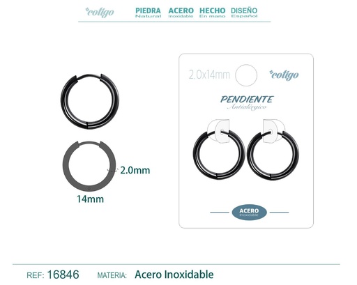 [16846] Pendiente aro de acero 2.0x14 mm negro - Joyería de acero inoxidable