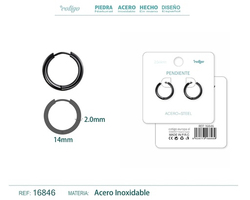 [16846] Pendiente aro de acero 2.0x14 mm negro - Joyería de acero