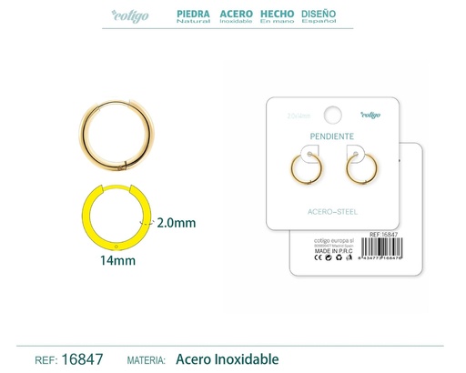 [16847] Pendiente aro de acero 2.0x14 mm dorado - Joyería de acero