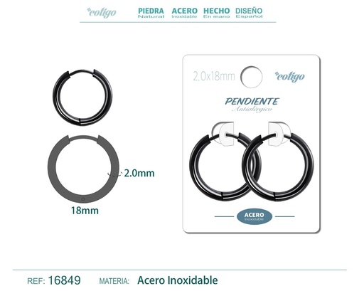 [16849] Pendiente aro de acero 2.0x18 mm negro - Joyería de acero inoxidable