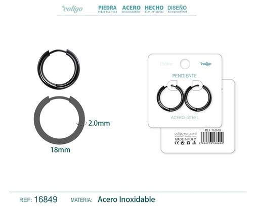 [16849] Pendiente aro de acero 2.0x18 mm negro - Joyería de acero