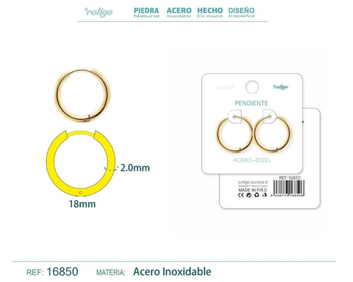 [16850] Pendiente aro de acero 2.0x18 mm dorado - Joyería de acero