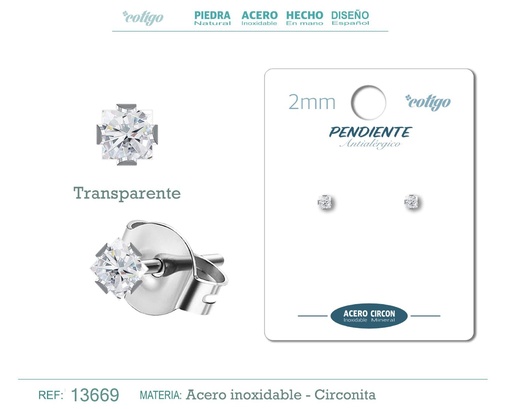 [13669] Pendiente cuadrado de circonita transparente 2mm con base de acero plateado - Joyería y accesorios elegantes