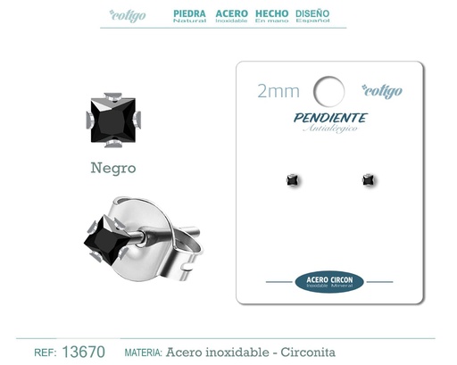 [13670] Pendiente cuadrado de circonita negra 2mm con base de acero plateado - Joyería y accesorios elegantes