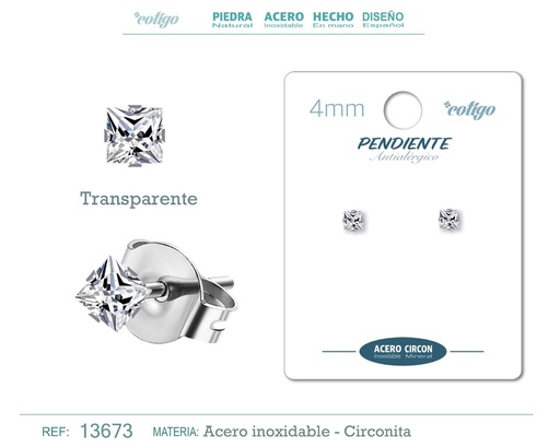 [13673] Pendiente cuadrado de circonita transparente 4mm con base de acero plateado - Joyería y accesorios elegantes