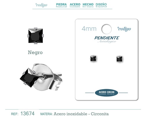 [13674] Pendiente cuadrado de circonita negra 4mm con base de acero plateado - Joyería y accesorios elegantes