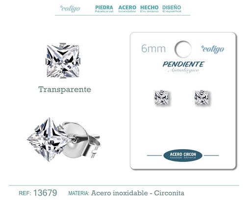 [13679] Pendiente cuadrado de circonita transparente 6mm con base de acero plateado - Joyería y accesorios elegantes