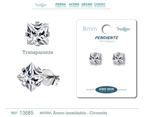 [13685] Pendiente cuadrado de circonita transparente 8mm con base de acero plateado - Joyería de circonita