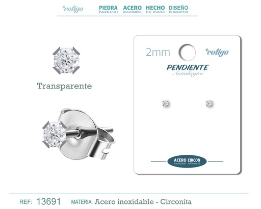 [13691] Pendiente redondo de circonita transparente 2mm con base de acero plateado - Joyería y accesorios elegantes