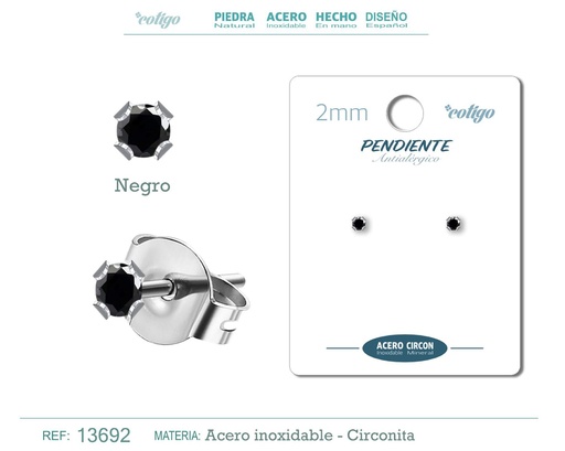 [13692] Pendiente redondo de circonita negra 2mm con base de acero plateado - Joyería y accesorios elegantes