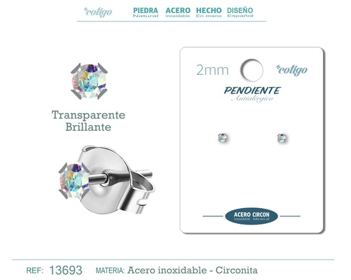 [13693] Pendiente redondo de circonita brillante 2mm con base de acero plateado - Joyería y accesorios elegantes