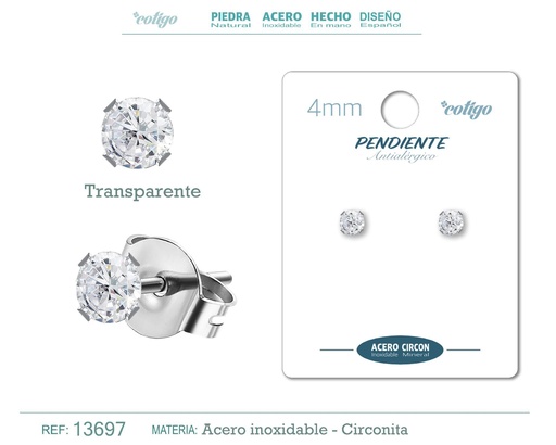 [13697] Pendiente redondo de circonita transparente 4mm con base de acero plateado - Joyería de circonita