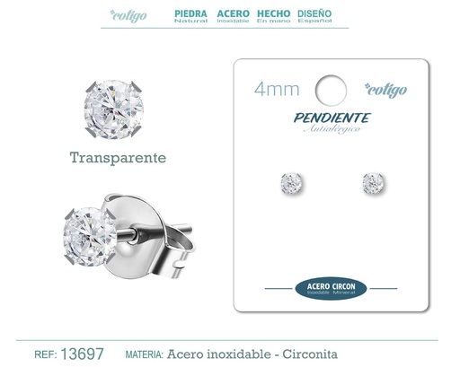 [13697] Pendiente redondo de circonita transparente 4mm con base de acero plateado - Joyería y accesorios elegantes