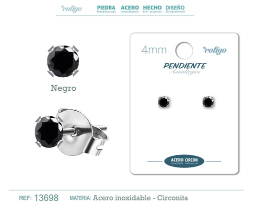 [13698] Pendiente redondo de circonita negra 4mm con base de acero plateado - Joyería y accesorios elegantes