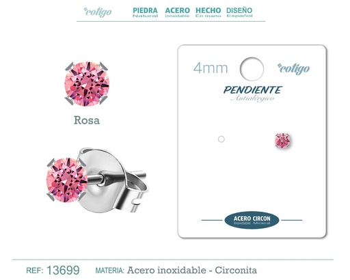 [13699] Pendiente redondo de circonita rosa 4mm con base de acero plateado - Joyería de circonita