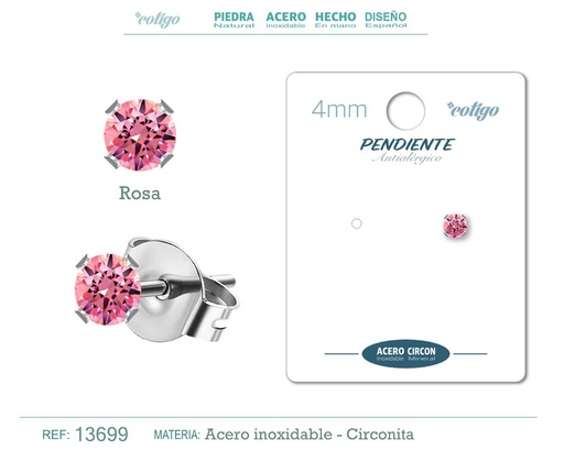 [13699] Pendiente redondo de circonita rosa 4mm con base de acero plateado - Joyería y accesorios elegantes