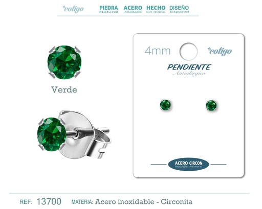 [13700] Pendiente redondo de circonita verde 4mm con base de acero plateado - Joyería y accesorios elegantes