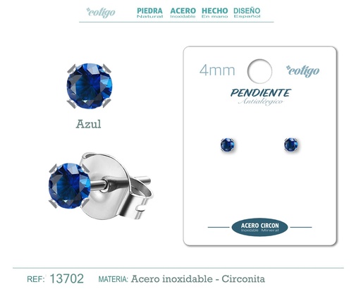 [13702] Pendiente redondo de circonita azul 4mm con base de acero plateado - Joyería de circonita