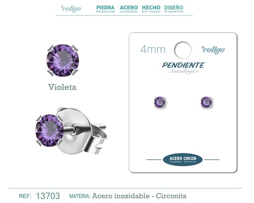 [13703] Pendiente redondo de circonita violeta 4mm con base de acero plateado - Joyería y accesorios elegantes