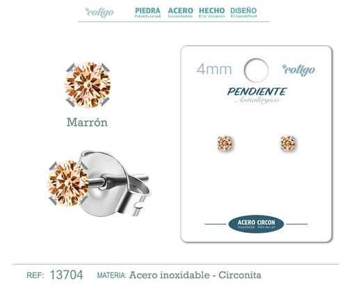 [13704] Pendiente redondo de circonita marrón 4mm con base de acero plateado - Joyería de circonita
