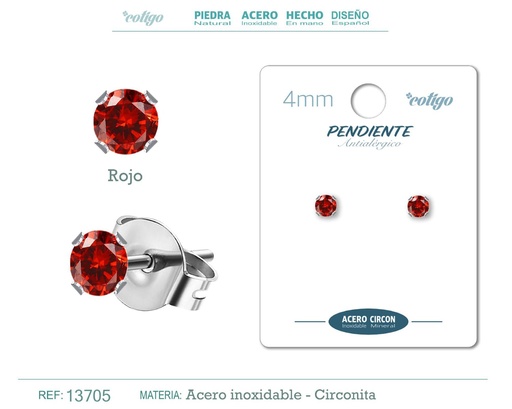 [13705] Pendiente redondo de circonita roja 4mm con base de acero plateado - Joyería y accesorios elegantes