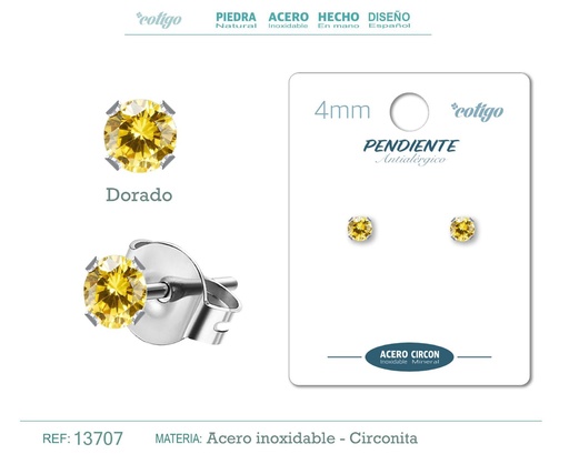 [13707] Pendiente redondo de circonita dorada 4mm con base de acero plateado - Joyería y accesorios elegantes