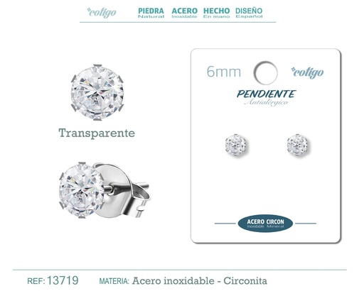 [13719] Pendiente redondo de circonita transparente 6mm con base de acero plateado - Joyería de circonita
