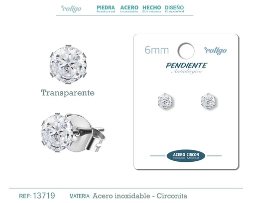 [13719] Pendiente redondo de circonita transparente 6mm con base de acero plateado - Joyería y accesorios elegantes