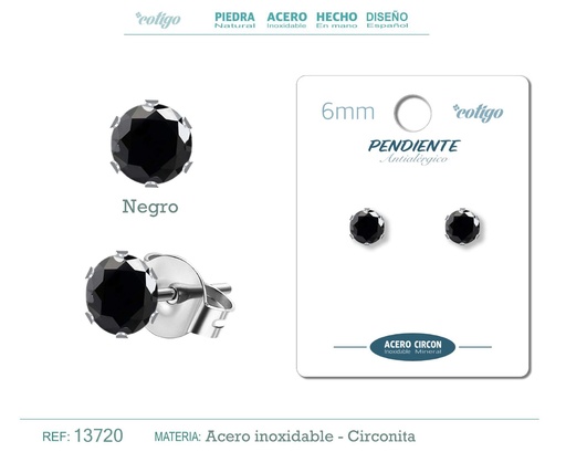 [13720] Pendiente redondo de circonita negra 6mm con base de acero plateado - Joyería y accesorios elegantes