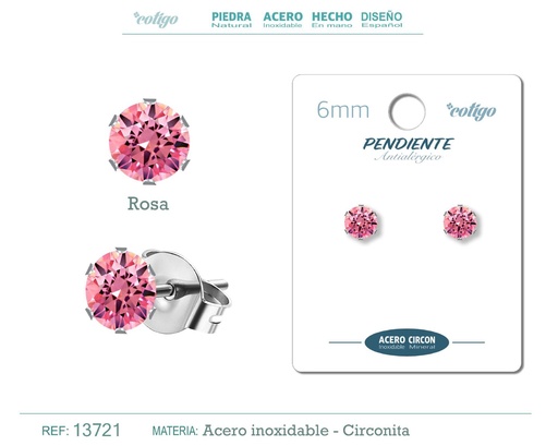 [13721] Pendiente redondo de circonita rosa 6mm con base de acero plateado - Joyería y accesorios elegantes