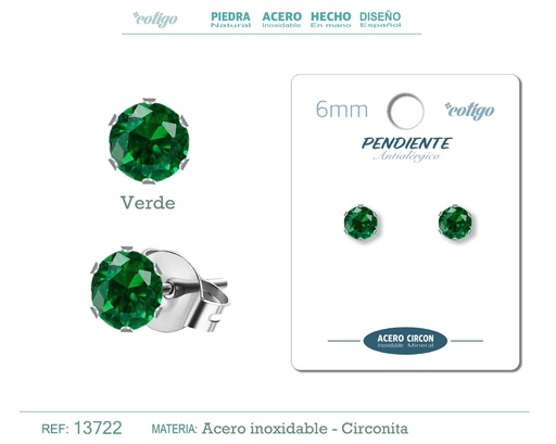 [13722] Pendiente redondo de circonita verde 6mm con base de acero plateado - Joyería y accesorios elegantes