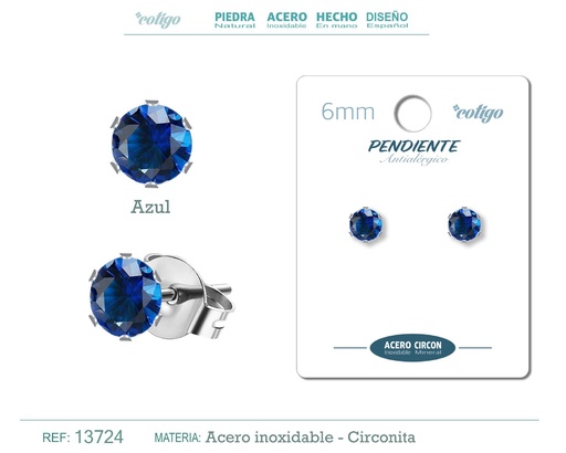 [13724] Pendiente redondo de circonita azul 6mm con base de acero plateado - Joyería de circonita