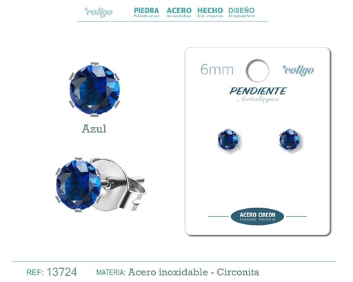 [13724] Pendiente redondo de circonita azul 6mm con base de acero plateado - Joyería y accesorios elegantes