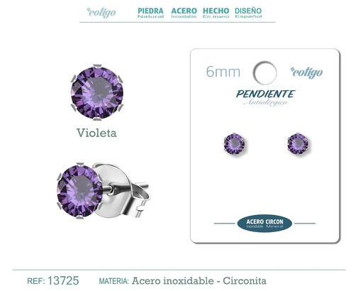 [13725] Pendiente redondo de circonita violeta 6mm con base de acero plateado - Joyería de circonita
